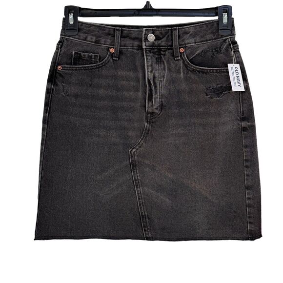 Old Navy SZ 2 A-Line Denim Jean Skirt Distressed Frayed Button-Fly Black Wash - Picture 1 of 6
